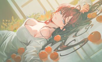 1girl absurdres bare_shoulders blue_eyes blush breasts brown_hair cleavage commentary dress fingernails food fruit hair_spread_out highres ice_cream ichinose_shiki idolmaster idolmaster_cinderella_girls light_smile long_hair long_sleeves looking_at_viewer looking_to_the_side lying mandarin_orange medium_breasts multiple_scoops nail_polish on_back on_floor orange_(fruit) orange_nails qingli_ye reflective_floor smile solo white_dress