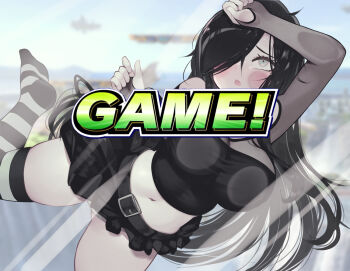Rule 34 | 1girl, against fourth wall, against glass, aria wintermint, belt, black belt, black camisole, black choker, black hair, black skirt, blurry, blurry background, blush, breast press, breasts, camisole, choker, commentary, english commentary, english text, facing viewer, game screenshot background, gameplay mechanics, green eyes, green thighhighs, hair over one eye, large breasts, long hair, midriff, miniskirt, navel, nintendo, no shoes, open mouth, parororo, screenshot background, see-through cleavage, see-through clothes, skirt, solo, striped clothes, striped thighhighs, super smash bros., tearing up, the crawling city, thighhighs, zettai ryouiki