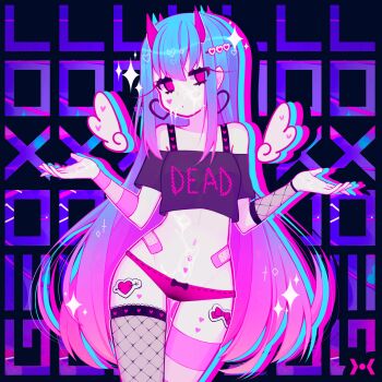 1girl ariimaw bandaid blush body_writing clitoris cowboy_shot cum hair_ornament heart heart_hair_ornament highres horn_ornament horns long_hair net_stockings panties phone pussy_juice pussy_piercing solo sparkle sticker tagme taking_picture thighhighs third-party_edit underwear wings