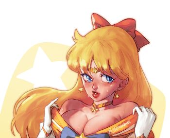 1girl aino_minako bishoujo_senshi_sailor_moon blonde_hair blue_eyes blush bow breasts choker cleavage collar_tug color_wheel_challenge commentary earrings english_commentary gloves hair_bow highres jewelry lips long_hair looking_at_viewer magical_girl medium_breasts multiple_drawing_challenge orange_choker orange_sailor_collar red_bow sailor_collar sailor_senshi_uniform sailor_venus signature simple_background solo star_(symbol) star_earrings sweat swept_bangs upper_body white_gloves yaisirdrawz