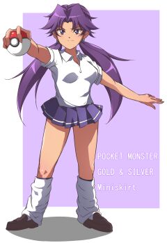 1girl absurdres breasts closed_mouth collared_shirt full_body highres holding holding_poke_ball lass_(pokemon) lass_(pokemon_gsc) long_hair loose_socks nintendo noi_(user_xjwy7754) pleated_skirt poke_ball poke_ball_(basic) pokemon pokemon_gsc purple_eyes purple_hair shirt shoes short_sleeves skirt socks solo standing twintails white_shirt white_socks