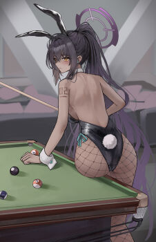1girl absurdres animal_ears arm_tattoo ass ball billiard_ball billiards black_hair blue_archive breasts commentary cue_stick dark_skin fake_animal_ears fake_tail fishnet_pantyhose fishnets halo highres holding holding_cue_stick karin_(blue_archive) karin_(bunny)_(blue_archive) loushao medium_breasts multicolored_hair official_alternate_costume pantyhose pool_table purple_hair purple_halo rabbit_ears rabbit_tail solo table tail tattoo two-tone_hair wrist_cuffs