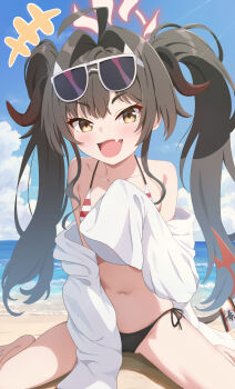 +++ 1girl bikini black_hair blue_archive blue_sky cloud curved_horns day demon_horns eyewear_on_head fang halo highres horns itaba_atsushi kasumi_(blue_archive) kasumi_(swimsuit)_(blue_archive) lab_coat long_hair looking_at_viewer mismatched_bikini official_alternate_costume open_mouth outdoors red_halo side-tie_bikini_bottom sitting skin_fang sky smile solo sriped_bikini striped_bikini striped_clothes sunglasses swimsuit twintails white-framed_eyewear yellow_eyes
