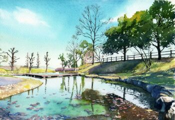 aris_0827 bare_tree blue_sky commentary_request day highres no_humans original outdoors painting_(medium) park pond reflection reflective_liquid scenery sky traditional_media tree water watercolor_(medium)