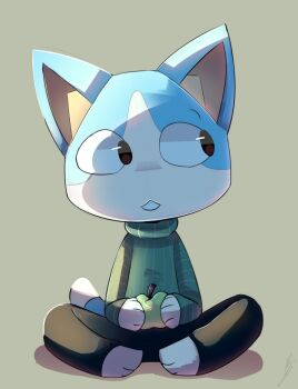 1boy animal_ears apple black_eyes black_pants blue_fur cat_boy cat_ears cat_tail chibikemo commentary doko_demo_issyo food fruit full_body furry furry_male green_background green_sweater highres holding holding_food holding_fruit looking_to_the_side male_focus pants simple_background sitting solo sora_(doko_demo_issyo) sweater symbol-only_commentary tail wolfaroon