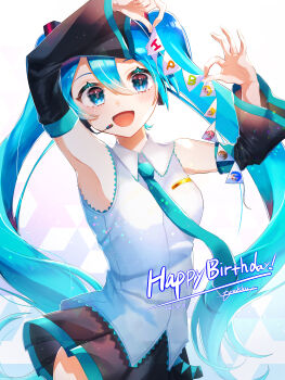 1girl absurdres aqua_eyes aqua_hair aqua_necktie aqua_trim armpits birthday black_skirt blush breasts collared_shirt detached_sleeves hair_between_eyes hair_ornament hakurokku happy_birthday hatsune_miku headset highres long_hair long_sleeves looking_at_viewer medium_breasts necktie open_mouth pleated_skirt shirt skirt smile solo twintails very_long_hair vocaloid white_shirt wide_sleeves