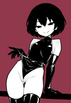 1girl adjusting_clothes akableak arms_up bare_shoulders black_eyes black_gloves black_hair black_leotard black_thighhighs bob_cut breasts closed_mouth cowboy_shot elbow_gloves empty_eyes frontal_wedgie gloves gluteal_fold groin hair_between_eyes hand_on_railing highleg highleg_leotard highres leaning_back leotard light_smile looking_at_viewer monogatari_(series) mons_pubis narrowed_eyes oshino_ougi pale_skin partially_visible_vulva railing red_background shiny_clothes shiny_skin short_hair simple_background skindentation sleeveless_turtleneck_leotard small_breasts smile solo standing thigh_gap thighhighs wedgie