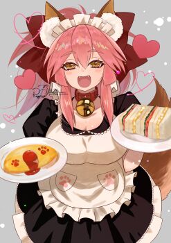 1girl absurdres animal_ears animal_hands bell blush breasts brown_eyes commentary_request fate/grand_order fate_(series) fox_ears fox_girl fox_tail gloves highres jingle_bell large_breasts long_hair looking_at_viewer maid_headdress neck_bell open_mouth paw_gloves pink_hair ponytail ringo2156 sidelocks smile solo tail tamamo_cat_(fate) tamamo_cat_(second_ascension)_(fate)