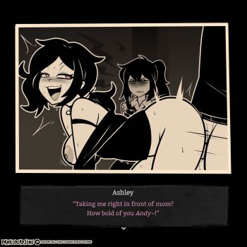1boy 2girls andrew_graves artist_name ashley_graves blush bottomless breasts breasts_out brother_and_sister collared_shirt dankodeadzone dialogue_box doggystyle english_text eyelashes fake_screenshot green_eyes highres incest indoors large_areolae large_breasts looking_back monochrome mother_and_daughter multiple_girls off_shoulder open_mouth patreon_logo pink_eyes ponytail renee_graves saliva sex sex_from_behind shirt siblings sidelocks spot_color sweat sweatdrop the_coffin_of_andy_and_leyley v-shaped_eyebrows watermark web_address