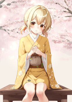 1girl absurdres bag bench blonde_hair blush brown_eyes ca_paria cherry_blossoms closed_mouth commentary_request day double-parted_bangs feet_out_of_frame goddess_of_victory:_nikke highres holding holding_bag japanese_clothes kimono liter_(nikke) long_sleeves on_bench outdoors short_hair short_kimono sitting solo twintails wide_sleeves wooden_bench yellow_kimono