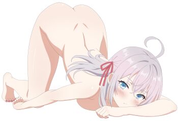 1girl absurdres ahoge alisa_mikhailovna_kujou anime_coloring ass barefoot blue_eyes blush breast_press breasts completely_nude frixtied full_body grey_hair hair_ribbon highres jack-o&#039;_challenge large_breasts long_hair looking_at_viewer median_furrow nail_polish nude pink_nails pout red_ribbon ribbon simple_background solo thighs toenail_polish toenails tokidoki_bosotto_roshia-go_de_dereru_tonari_no_alya-san top-down_bottom-up white_background