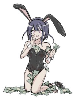 1boy animal_ear_hairband animal_ears collarbone crossdressing crossdressing_(mtf) fake_animal_ears full_body hairband hand_up holding holding_money kneeling long_hair male_focus male_playboy_bunny money open_mouth pink_eyes playboy_bunny purple_hair rabbit_ear_hairband rabbit_ears rabbit_tail simple_background solo solo_focus teeth the_hundred_line_-last_defense_academy- tsukumo_ima tucked_money upper_teeth_only white_background