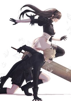 1boy 1girl 2b_(nier:automata) 2b_(nier:automata)_(cosplay) 9s_(nier:automata) 9s_(nier:automata)_(cosplay) arm_support ass black_boots black_gloves black_hair black_hairband black_jacket black_shorts blindfold blonde_hair boots breasts buster_sword cleavage cleavage_cutout clothing_cutout cloud_strife commentary_request company_connection cosplay feather-trimmed_sleeves fighting_stance final_fantasy final_fantasy_vii final_fantasy_vii:_ever_crisis floating_hair foot_out_of_frame from_side glass_shards gloves hairband high_heels highleg highleg_leotard highres holding holding_sword holding_weapon jacket juliet_sleeves large_breasts leotard long_hair long_sleeves mixmomo_yah nier:automata nier_(series) official_alternate_costume profile puffy_sleeves shards shorts sword thigh_boots thighs tifa_lockhart turtleneck weapon white_background white_leotard