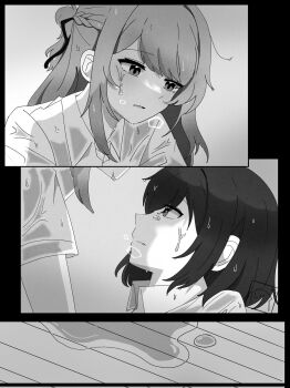 2girls braid collared_shirt commentary_request greyscale half_up_braid highres hiseu24 korean_commentary long_hair looking_at_another miyagi_shiori monochrome multiple_girls parted_lips puddle school_uniform sendai_hazuki shirt short_hair shuuniichido_classmate_wo_kau_hanashi wet wet_clothes wet_shirt yuri