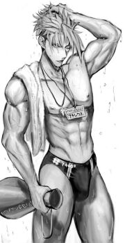 Rule 34 | 1boy, abs, achilles (fate), ao (en6gtl), bara, bulge, fate/grand order, fate (series), feet out of frame, greyscale, hand in own hair, large pectorals, lifeguard, looking at viewer, male focus, male swimwear, monochrome, muscular, muscular male, navel, nipples, parted lips, pectorals, short hair, solo, standing, stomach, swim briefs, thighs, topless male, undercut, veins, veiny arms, wet, wet hair