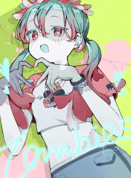 1girl :o aqua_hair artist_name black_scrunchie blue_pants blurry blush bracelet bright_pupils choker colored_skin colored_tips commentary crop_top dot_nose earclip english_text food-themed_hair_ornament four-finger_heart_hands gradient_hair green_background grey_choker hair_between_eyes hair_ornament hair_scrunchie hands_up hatsune_miku heart heart-shaped_pupils heart_hands heart_print highres jewelry komerina long_hair looking_at_viewer midriff multicolored_hair multicolored_shirt mushroom_hair_ornament nail_polish navel open_mouth pants patchwork_skin pink_hair pink_nails pink_shirt print_shirt red_eyes scrunchie shirt short_sleeves sidelocks simple_background smile solo stitched_arm stitched_face stitched_torso stitches symbol-shaped_pupils twintails two-tone_hair upper_body vocaloid white_shirt white_skin zombie zombie_(vocaloid)