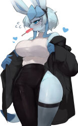 Rule 34 | 1girl, animal ears, black jacket, black skirt, blue eyes, blue fur, blue hair, blue sclera, body fur, breasts, colored sclera, creatures (company), food, food in mouth, furry, furry female, game freak, gen 4 pokemon, glaceon, heart, highres, jacket, large breasts, looking to the side, medium hair, nintendo, open clothes, open jacket, pokemon, pokemon (creature), popsicle, popsicle in mouth, skirt, sleeveless, sleeveless sweater, solo, standing, sweater, thighhighs, white sweater, yoru (yoru vida)