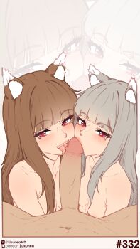 1boy 2girls absurdres animal_ear_fluff animal_ears blunt_bangs blush breasts brown_hair closed_mouth commentary completely_nude english_commentary fang fellatio ffm_threesome grey_hair group_sex hair_over_breasts hand_on_another's_head highres holo likunea long_hair looking_at_viewer mother_and_child mother_and_daughter multiple_girls myuri_(spice_and_wolf) navel nude oral oyakodon_(sex) parent_and_child patreon_logo patreon_username penis pov pov_crotch red_eyes sidelocks simple_background small_breasts smile spice_and_wolf tail threesome twitter_username twitter_x_logo uncensored wolf_and_parchment wolf_ears wolf_girl wolf_tail zoom_layer
