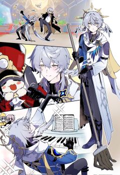 Rule 34 | 1boy, blue hair, broom, caelus (honkai: star rail), commentary request, dan heng (honkai: star rail), earrings, full body, gloves, halo, halo behind head, head wings, highres, honkai: star rail, honkai (series), hood, hood down, instrument, jewelry, korean commentary, march 7th (honkai: star rail), medium hair, music, pants, playing instrument, playing piano, pom-pom (honkai: star rail), ring, sbhhijjbg, shoes, sparkle, sunday (honkai: star rail), tailcoat, trailblazer (honkai: star rail), wings, yellow eyes