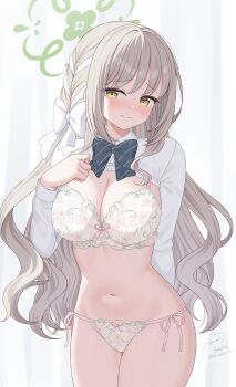 1girl artist_name blue_archive bow bowtie bra breasts cleavage closed_mouth clothes_lift collared_shirt floral_print floral_print_bra floral_print_panties green_bow green_bowtie green_halo grey_hair hair_bow halo highres kurumi_lm long_hair medium_breasts miyo_(blue_archive) navel panties print_panties shirt shirt_lift side-tie_panties signature smile solo underwear white_bow white_bra white_panties white_shirt yellow_eyes