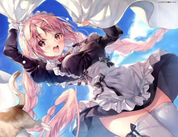 1girl :d absurdres apron arms_up artist_name bed_sheet black_bow blue_sky blush bow bow_legwear bowtie braid cat cloud cloudy_sky cowboy_shot dengeki_moeoh dress dutch_angle frilled_apron frills from_below hair_ornament hairclip highres holding holding_sheet juliet_sleeves long_hair long_sleeves looking_at_viewer looking_down low_twin_braids magazine_scan maid maid_apron maid_headdress miwabe_sakura open_mouth original out_of_frame parted_bangs pink_eyes pink_hair puffy_sleeves red_bow red_bowtie scan short_dress sidelocks sky smile solo teeth thighhighs third-party_source twin_braids upper_teeth_only very_long_hair waist_apron white_apron white_thighhighs zettai_ryouiki