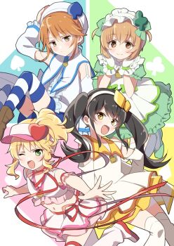 Rule 34 | 4girls, amulet clover, amulet dia, amulet heart, amulet spade, apron, black hair, blonde hair, blue legwear, blue shorts, bow, brown eyes, brown footwear, brown hair, clover, clover hair ornament, commentary request, cosplay, diamond (shape), diamond hair ornament, dress, frilled sleeves, frills, gloves, green bow, green eyes, green footwear, green shirt, hair ornament, hat, heart, heart hair ornament, hinamori amu, hinamori amu (cosplay), idolmaster, idolmaster cinderella girls, koga koharu, light brown hair, lock, long hair, maid, maid apron, maid headdress, matoba risa, miniskirt, multiple girls, open mouth, padlock, ponytail, puffy short sleeves, puffy sleeves, red ribbon, ribbon, riku (melty drop), sakurai momoka, shirt, short hair, short sleeves, shorts, shugo chara!, simple background, skirt, smile, spade (shape), spade hair ornament, striped clothes, striped legwear, striped thighhighs, thighhighs, v-shaped eyebrows, visor cap, white dress, white footwear, white gloves, white legwear, white shirt, yellow eyes, yuuki haru