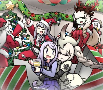 5girls abyssal_nimbus_princess abyssal_ship airfield_princess alternate_costume animal_ears braid christmas christmas_ornaments christmas_present christmas_star christmas_tree closed_eyes commentary commentary_request commission crossover enemy_lifebuoy_(kancolle) english_commentary food gift gold_ship_(umamusume) grey_hair hamu_koutarou hat highres horns horse_ears horse_tail hug hug_from_behind kantai_collection lycoris_princess mejiro_mcqueen_(umamusume) mixed-language_commentary multiple_girls pale_skin parfait pixiv_commission purple_hair santa_costume santa_hat tail twin_braids umamusume white_hair