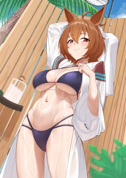 1girl absurdres agnes_tachyon_(umamusume) ahoge alternate_costume animal_ears bikini black_bikini breasts brown_hair chemical_structure commentary cowboy_shot criss-cross_halter earrings english_commentary halterneck highres horse_ears horse_girl horse_tail huge_ahoge jewelry lab_coat large_breasts looking_at_viewer medium_hair multi-strapped_bikini_bottom navel necropoi shower_head single_earring smile solo stomach swimsuit tail umamusume underboob wet