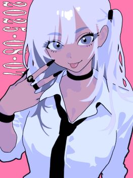 1girl black_choker black_nails black_necktie choker closed_mouth collared_shirt dark-skinned_female dark_skin dated eyelashes fingernails flat_color grey_eyes gyaru hair_between_eyes hand_up highres jewelry long_fingernails long_hair looking_at_viewer loose_necktie minminmince multiple_rings necktie one_side_up original ornate_ring parted_bangs partially_unbuttoned pink_background ring shirt simple_background sleeves_rolled_up solo thick_eyebrows thick_eyelashes tongue tongue_out upper_body v white_hair white_shirt wristband