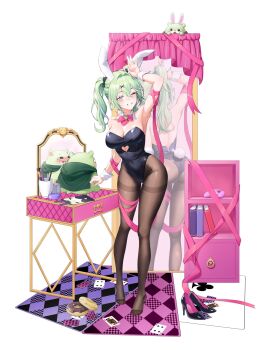 1girl animal_ears arm_up armpits ass black_bow black_hiphighs black_leotard black_shoes blush book bow bowtie breasts card chico_(yuzuha_riko) cleavage collar commentary_request controller covered_navel creature cup desk detached_collar donut double-parted_bangs fake_animal_ears fake_tail food full_body game_controller green_hair grey_eyes grin hair_between_eyes hair_bow hair_intakes hair_ornament high_heels highres hiphighs korean_commentary large_breasts leotard looking_at_viewer makeup_brush medium_hair mirror no_shoes one_eye_closed pink_bow pink_bowtie playboy_bunny playing_card rabbit_ears rabbit_tail reflection shoes simple_background smile solo standing stellive tail thighband_hiphighs tiger_june twintails unworn_shoes virtual_youtuber white_background white_collar white_wrist_cuffs wing_collar wrist_cuffs x_hair_ornament yuzuha_riko
