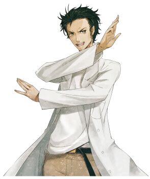 1boy adam's_apple bad_tag beard_stubble belt black_belt black_hair breast_pocket brown_pants coat collarbone facial_hair furrowed_brow game_cg grey_eyes highres huke lab_coat lapels leather_belt long_sleeves looking_at_viewer male_focus messy_hair non-web_source notched_lapels object_in_pocket official_art okabe_rintarou open_mouth outstretched_crossed_arms pants pen_in_pocket pocket ringed_eyes science_adventure shirt shirt_partially_tucked_in smirk solo sprite steins;gate steins;gate:_linear_bounded_phenogram stubble t-shirt teeth tongue v-shaped_eyebrows white_coat white_shirt