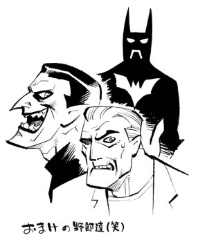 3boys batman batman_(series) batman_beyond black_bodysuit bodysuit bruce_wayne commentary_request dc_comics male_focus mask monochrome multiple_boys old old_man open_mouth pointy_nose ramb_chop sharp_teeth simple_background superhero_costume teeth terry_mcginnis the_joker translation_request white_background