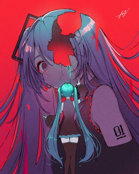 2girls aqua_hair artist_name black_dress black_sleeves black_thighhighs blue_hair cherico commentary crack cracked_skin crying detached_sleeves dress dual_persona facing_away hatsune_miku highres hollow_body long_hair looking_at_viewer marshmallow_(vocaloid) messy_hair multiple_girls number_tattoo red_background red_pupils shoulder_tattoo simple_background sleeveless sleeveless_dress tattoo thighhighs twintails very_long_hair vocaloid