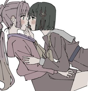 Rule 34 | 2girls, anyoji hime, black hair, blue eyes, blush, brown dress, commentary, dress, eye contact, green eyes, hair ornament, hand on another's arm, hasu no sora school uniform, hood, hoodie, link! like! love live!, looking at another, love live!, momose ginko, mouth hold, multiple girls, parted lips, pink hair, pink hoodie, ponytail, profile, s (y7555128265305), sailor dress, school uniform, short hair, simple background, sweat, untranslatable commentary, white background, yuri