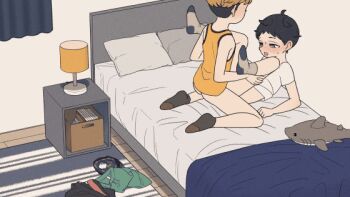 2boys amakara000 anal animated animated_gif ass bed bedroom black_hair blank_stare blue_male_underwear blush bottomless kodomo_doushi drooling kneeling leg_grab legs_up male_focus male_penetrated male_underwear messy_hair multiple_boys on_bed original pants pillow reclining sex short_hair shota sleeveless socks sweat sweatdrop tank_top tongue tongue_out torogao underwear unworn_pants unworn_underwear yaoi