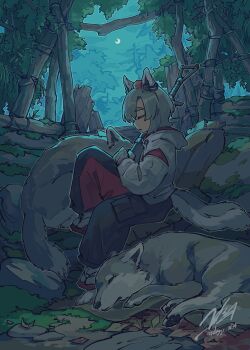 1girl :o absurdres alternate_costume animal animal_ears black_pants closed_eyes commentary crescent_moon doggo_1d34 ear_ornament geta grey_hair grey_hoodie hat highres holding holding_weapon hood hoodie inubashiri_momiji long_sleeves moon nature night outdoors pants parted_lips red_hat red_pants short_hair signature sitting sleeping sleeping_animal sleeping_upright solo symbol-only_commentary tail thick_eyebrows tokin_hat touhou two-tone_pants weapon wolf wolf_ears wolf_girl wolf_tail