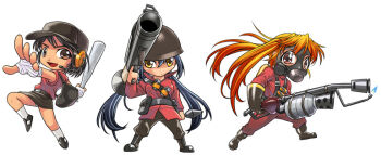 Rule 34 | 3girls, animification, bandaged hand, bandages, baseball bat, explosive, flamethrower, gas mask, gender request, genderswap, grenade, gun, hat, headset, helmet, holding, holding baseball bat, holding flamethrower, holding weapon, m1 bazooka, man (trance), mask, multiple girls, pyro (tf2), red pyro (tf2), red scout (tf2), red soldier (tf2), rocket, rocket launcher, scout (tf2), skirt, soldier (tf2), team fortress 2, twintails, weapon