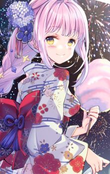 1girl aerial_fireworks alternate_costume alternate_hairstyle blue_archive blush braid breasts closed_mouth commentary_request cotton_candy fireworks floral_print floral_print_kimono flower food hair_flower hair_ornament holding holding_cotton_candy holding_food japanese_clothes juna kimono long_hair looking_at_viewer looking_back medium_breasts mika_(blue_archive) planet_hair_ornament print_kimono purple_flower smile solo star_(symbol) star_hair_ornament white_kimono yellow_eyes