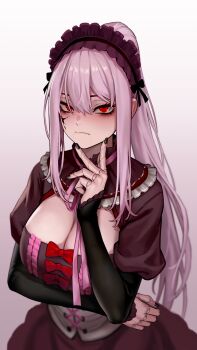 Rule 34 | 1girl, as109, black nails, blush, breasts, brown dress, cleavage, closed mouth, commentary request, corset, cowboy shot, cracked skin, doll joints, dress, eyebrows hidden by hair, female focus, frilled shirt collar, frills, gradient background, grey background, hairband, highres, indie virtual youtuber, joints, jowol, juliet sleeves, large breasts, lolita fashion, lolita hairband, long hair, long sleeves, looking at viewer, nail polish, neck ribbon, pink hair, pink ribbon, puffy sleeves, red eyes, ribbon, sidelocks, solo, upper body, very long hair, virtual youtuber