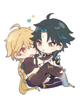 2boys aether_(genshin_impact) ahoge arm_armor arm_tattoo asymmetrical_gloves baggy_pants black_boots black_gloves black_hair blonde_hair blue_gloves blue_hair boots braid brown_boots brown_gloves brown_pants brown_shirt carrying chibi chibi_only chinese_clothes cloud_print commentary_request detached_sleeves eyeshadow facial_mark forehead_mark full_body genshin_impact gloves gold_trim hair_between_eyes hair_ornament hair_ribbon hands_up heart highres jewelry kuromame long_hair long_sleeves looking_at_another low-braided_long_hair low-tied_long_hair makeup male_focus mandarin_collar midriff mismatched_gloves multicolored_hair multiple_boys necklace one_eye_closed open_mouth pants parted_bangs pearl_necklace pelvic_curtain princess_carry purple_pants red_eyeshadow ribbon scarf shirt short_hair short_sleeves shoulder_spikes simple_background single_bare_shoulder single_braid single_detached_sleeve sitting sleeveless sleeveless_shirt spikes tassel tattoo two-tone_hair white_background white_ribbon white_scarf white_shirt white_sleeves wide_sleeves xiao_(genshin_impact) yaoi yellow_eyes