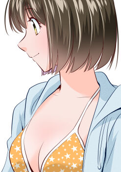Rule 34 | 1girl, bikini, breasts, brown hair, cleavage, collarbone, highres, looking to the side, open clothes, open shirt, orange bikini, original, print bikini, profile, shirt, short hair, simple background, solo, star (symbol), star print, star print bikini, swimsuit, upper body, white background, white shirt, yamanaka kouji (yanchiki2001)