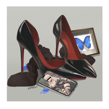 1girl artist_name bar_censor bare_shoulders black_blindfold black_dress black_footwear black_thighhighs blindfold blonde_hair blue_butterfly blue_flower blue_rose border breasts bug butterfly butterfly_hair_ornament cellphone cellphone_photo censored censored_identity cleavage covered_eyes dress flower gloves grey_background hair_flower hair_ornament high_heels highres insect large_breasts long_hair official_alternate_costume phone photo_(object) picture_frame rose shoes simple_background smartphone solo stiletto_heels thigh_strap thighhighs unworn_shoes xnnagu