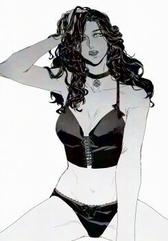 1girl black_camisole black_hair black_panties breasts camisole choker commentary_request darkyu-yj greyscale highres licking_lips lingerie long_hair looking_at_viewer medium_breasts monochrome navel panties pendant_choker simple_background solo the_witcher_(series) the_witcher_3 tongue tongue_out underwear yennefer_of_vengerberg