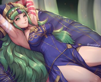 1girl arm_wrap armpits arms_behind_back blush breasts closed_mouth dress evomanaphy fire_emblem fire_emblem:_fortune's_weave green_eyes green_hair hair_ornament headpiece highres large_breasts long_hair looking_at_viewer lying nintendo on_back pelvic_curtain pointy_ears purple_dress ribbon smile solo sothis_(adult)_(fire_emblem) sothis_(fire_emblem) tassel tassel_hair_ornament tiara