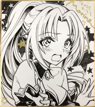 1girl bare_shoulders blush breasts cleavage collarbone commentary_request dated detached_collar detached_sleeves greyscale hands_up highres higurashi_no_naku_koro_ni large_breasts leotard long_hair long_sleeves marine_(confeitokobo) monochrome open_mouth parted_bangs ponytail portrait shikishi signature solo sonozaki_mion star_(symbol) strapless strapless_leotard traditional_media