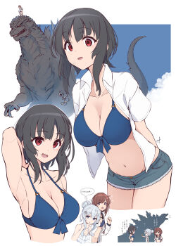 3girls bikini black_hair blue_bikini blue_eyes breasts brown_eyes brown_hair casual_one-piece_swimsuit cherry_blossoms commentary_request crossover cutoffs flower front-tie_bikini_top front-tie_top godzilla godzilla_(minus_one) godzilla_(series) godzilla_minus_one grey_hair grey_shorts hair_bun hair_flower hair_ornament hibiki_(kancolle) highres kantai_collection large_breasts long_hair micro_shorts minosu multicolored_bikini multiple_girls navel o-ring o-ring_bikini o-ring_top one-piece_swimsuit open_clothes open_shirt red_eyes shirt short_hair short_sleeves shorts small_breasts speech_bubble swimsuit takao_(kancolle) thought_bubble translation_request two-tone_bikini white_bikini white_one-piece_swimsuit white_shirt yukikaze_(kancolle) yukikaze_kai_ni_(kancolle)