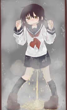 1girl against_glass black_socks blue_sailor_collar blue_skirt blush breath brown_eyes brown_hair brown_shoes clenched_hands embarrassed female_focus flat_chest full_body grey_background half-closed_eyes hands_up kneehighs kude_rei_(ponnu_(tnpn2yw)) legs_apart long_sleeves looking_at_viewer miniskirt neckerchief nose_blush open_mouth original pee peeing peeing_self pigeon-toed pleated_skirt ponnu_(tnpn2yw) puddle raised_eyebrows red_neckerchief sailor_collar school_uniform serafuku shirt shoes short_hair sidelocks simple_background skirt socks solo standing steam water wet wet_clothes wet_shirt wet_skirt white_shirt