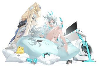 1girl :p absurdres animal_print bare_legs barefoot bikini blue_eyes breasts camera can cellphone character_doll controller cow_print cow_print_bikini dinergate_(girls'_frontline) doll florence_(girls'_frontline_2) from_below full_body game_controller girls'_frontline girls'_frontline_2:_exilium grey_hair gun hair_ribbon handgun handheld_game_console highres holding holding_phone long_hair long_sleeves mab_pa-15 medium_breasts monitor nintendo_switch off_shoulder official_art pa-15_(girls'_frontline) pa-15_(marvelous_yam_pastry)_(girls'_frontline) phone pillow playstation_controller poster_(object) print_bikini ribbon shanyao_jiang_tororo shelf sitting smartphone solo swimsuit thigh_strap tongue tongue_out two_side_up v very_long_hair weapon white_background