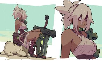 1girl absurdres armor bare_shoulders broken broken_sword broken_weapon commentary doobermcgoober english_commentary folded_ponytail gladiator_sandals gloves greaves grey_hair highres league_of_legends looking_at_viewer red_eyes riven_(league_of_legends) rock sandals short_hair single_greave single_shoulder_pad sitting solo sword weapon white_hair