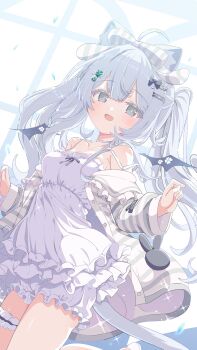 1girl absurdres ahoge animal_ears babydoll black_bow black_ribbon black_wings bloomers blush bow breasts cardigan cat_ears clover_hair_ornament collarbone colored_eyelashes commentary_request commission detached_wings frilled_babydoll frilled_thigh_strap glint grey_hair hair_bow hair_ornament hairclip highres long_hair open_cardigan open_clothes open_mouth ribbon shiro9jira skeb_commission small_breasts smile solo striped_bow striped_cardigan tareme thigh_strap twintails underwear vrchat w_arms white_babydoll white_bloomers white_bow white_cardigan wings